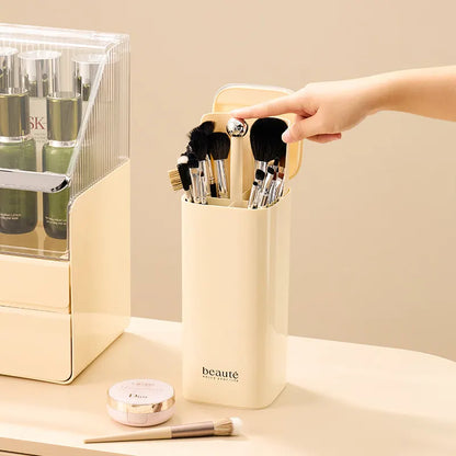 Cream Yellow Automatic Lifting Makeup Brush Holder with 4 Compartments, Large Capacity Cosmetic Brush Organizer(Makeup brushes are shooting props and are not included) - Image 4