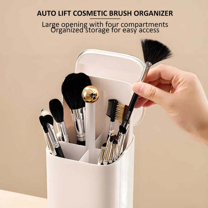 Cream Yellow Automatic Lifting Makeup Brush Holder with 4 Compartments, Large Capacity Cosmetic Brush Organizer(Makeup brushes are shooting props and are not included) - Image 5