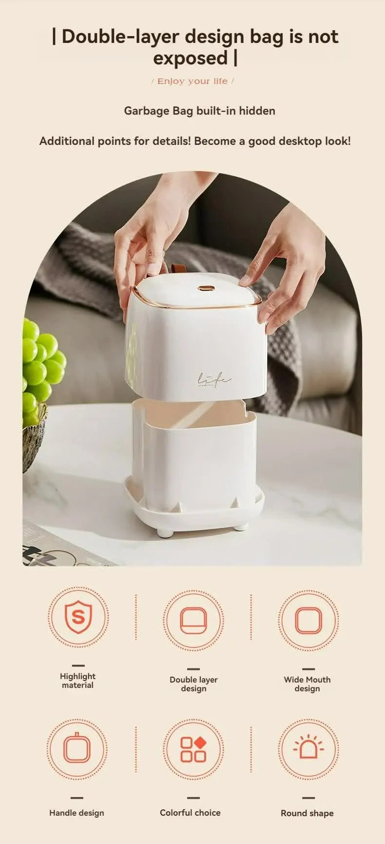 White Portable Tabletop Trash Can with Dual-Layer Design – Convenient for Desk Organization - Image 5