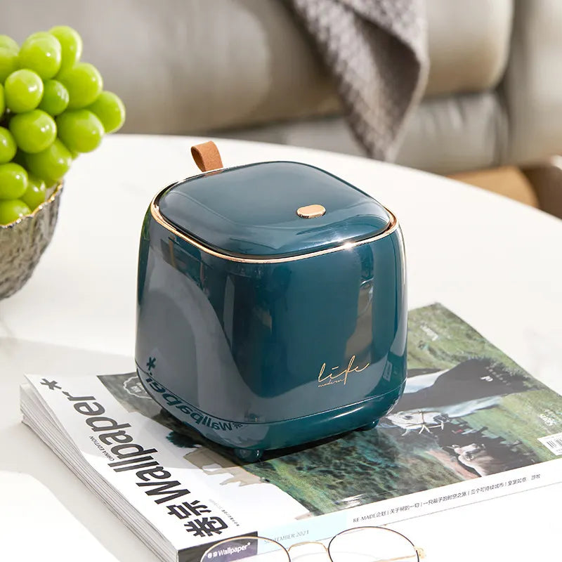 Dark Green Portable Tabletop Trash Can with Dual-Layer Design - Convenient for Desk Organization