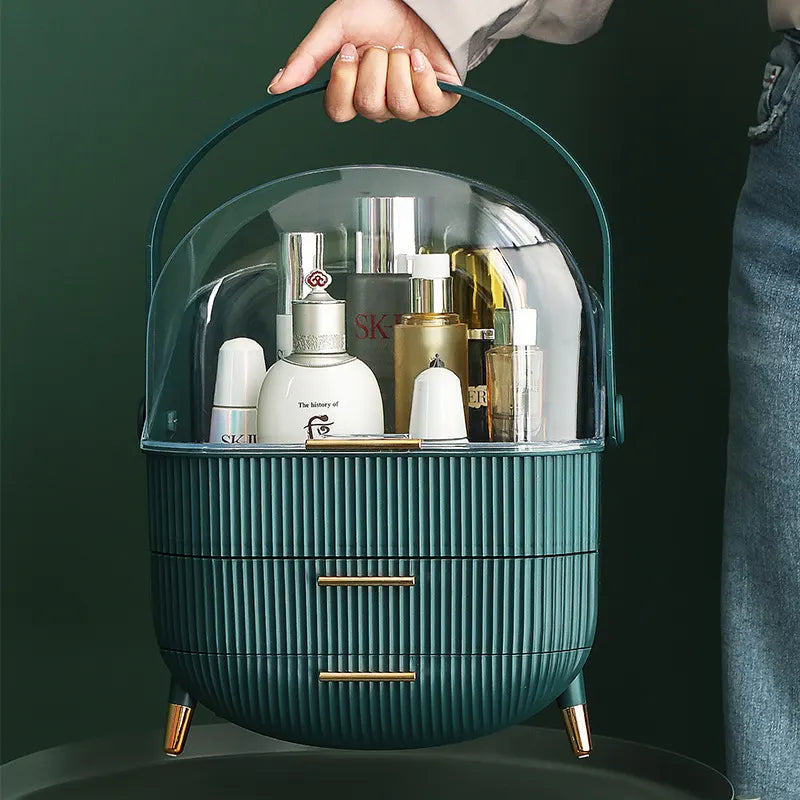 Dark Green Multifunctional Makeup Organizer with Large Capacity and Transparent Design(Makeup is a prop for shooting and is not included)