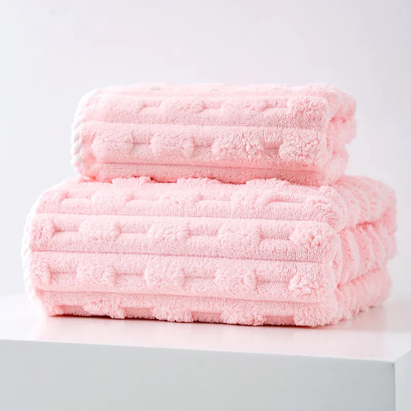 Pink Thickened Coral Fleece Towel Set, Large Bath Towel & Face Towel Combo, Soft & Absorbent Towels for Home Use