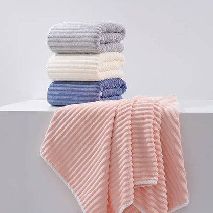 Blue Soft Candy Stripe Coral Fleece Bath Towel and Washcloth Set, Ultra Absorbent, Skin-Friendly - Image 2