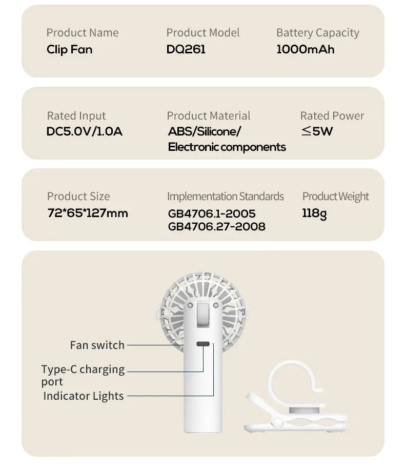 White Portable Multifunctional Clip Fan DQ261 - 1000mAh Battery, 3-Speed, Quiet Cooling for Summer - Image 6
