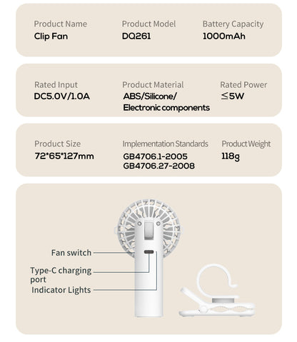 Ice Green Portable Multifunctional Clip Fan DQ261 - 1000mAh Battery, 3-Speed, Quiet Cooling for Summer - Image 6