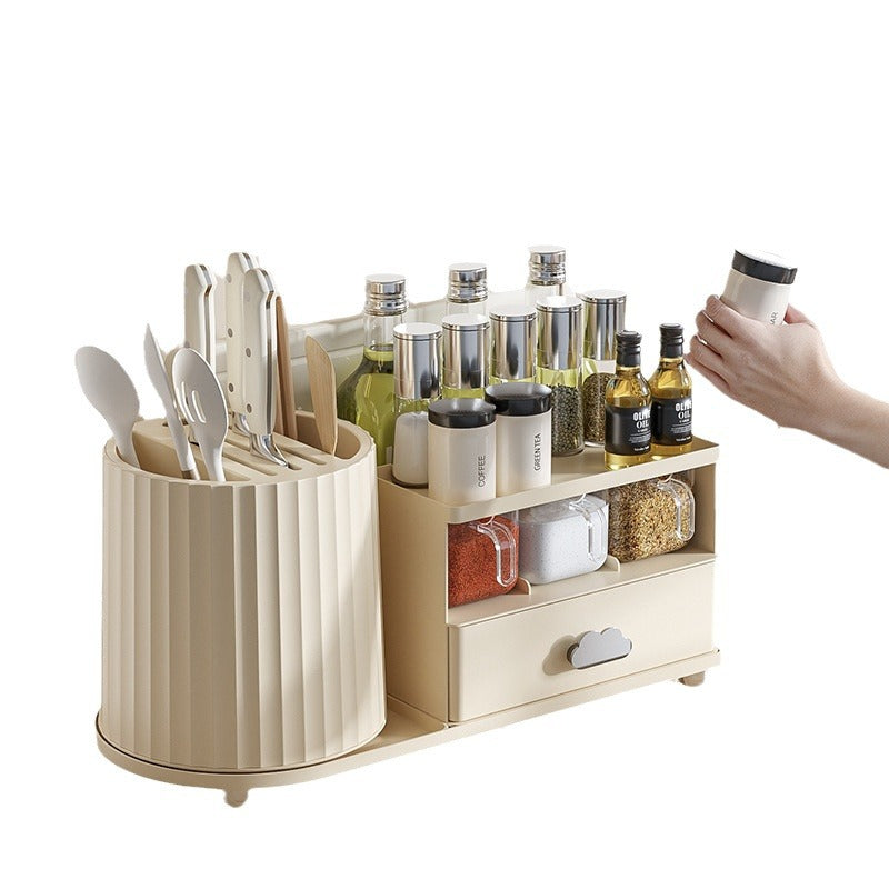 All-in-One Kitchen Countertop Organizer | Rotating Utensil Holder, Knife Block & Spice Rack with Drawer | Cream White - Image 2
