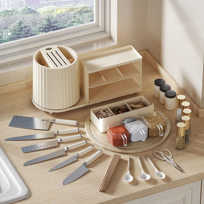 All-in-One Kitchen Countertop Organizer | Rotating Utensil Holder, Knife Block & Spice Rack with Drawer | Cream White - Image 5