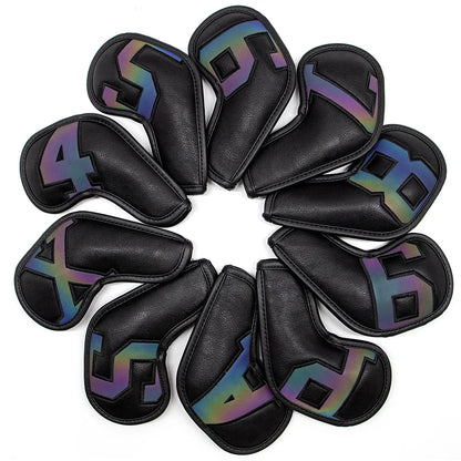 Black covers with  Laser numbers, Premium PU Leather Golf Iron Headcover Set (10pcs) | Numbered 4-9, P, S, A, X | Protective Club Covers for Irons