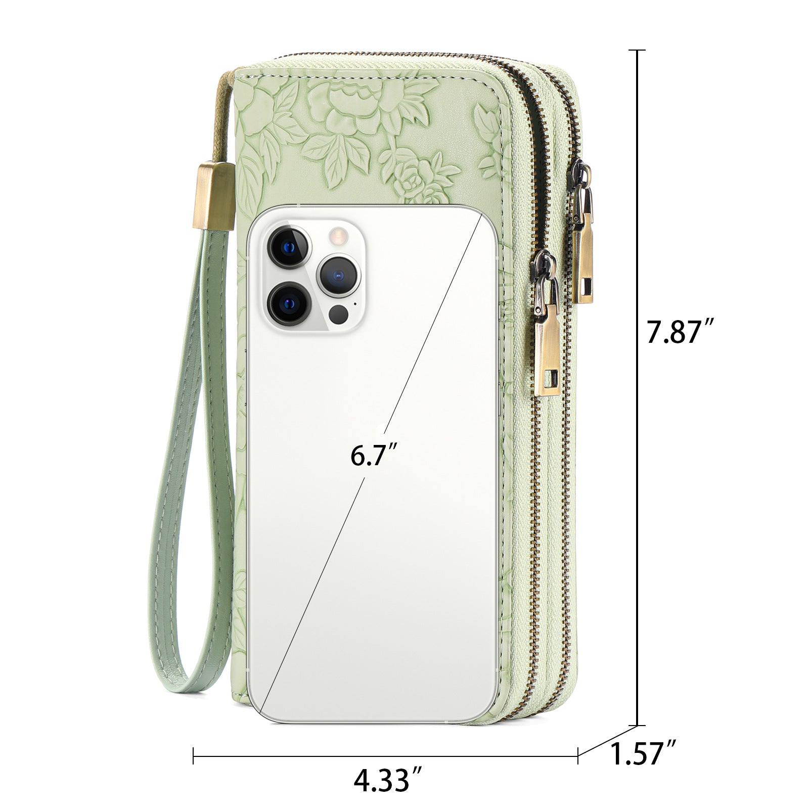 Women's Large Capacity Double Zip Wallet Clutch | PU Leather Floral Embossed Wristlet | Phone Holder with 24 Card Slots - Green - Image 5