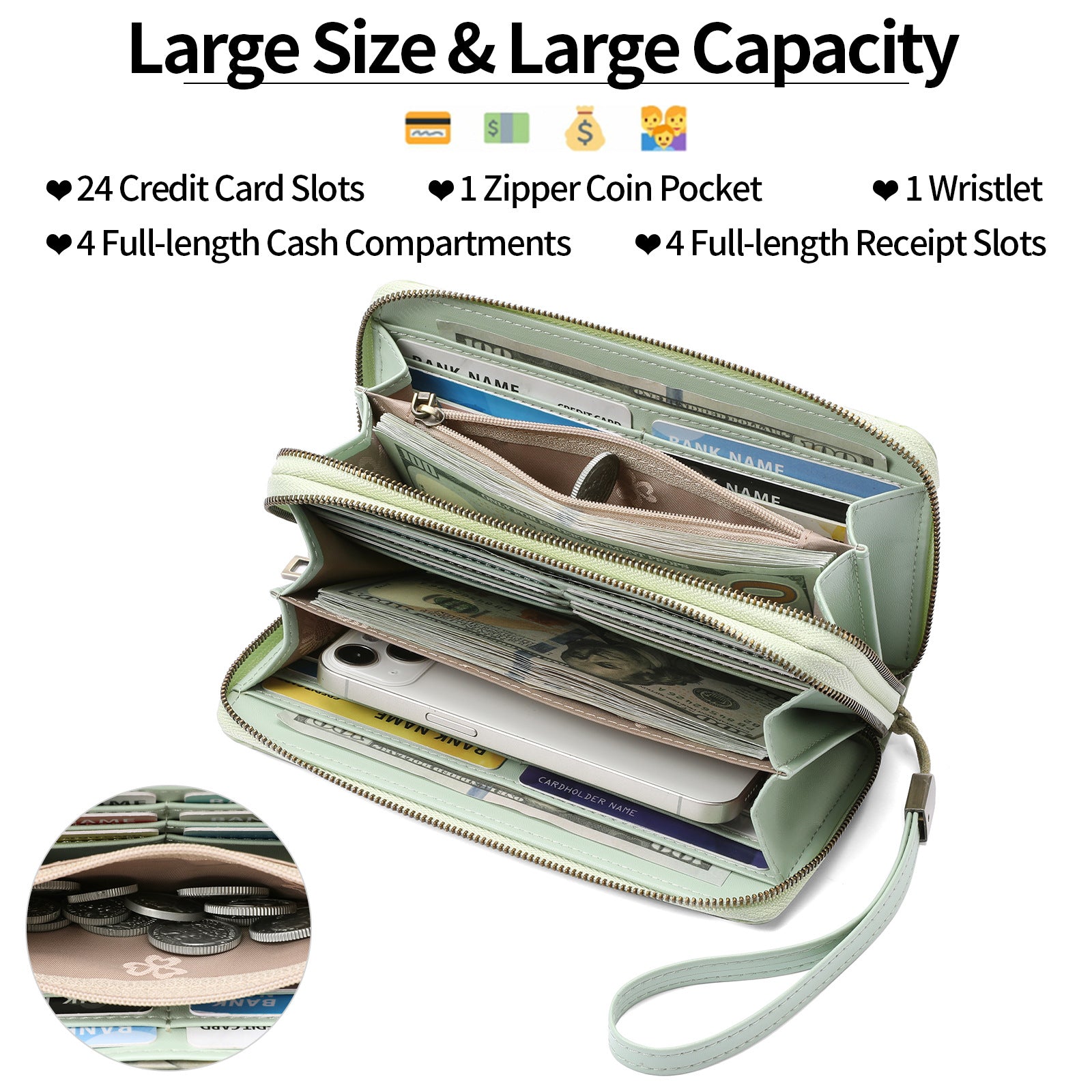 Women's Large Capacity Double Zip Wallet Clutch | PU Leather Floral Embossed Wristlet | Phone Holder with 24 Card Slots - Black - Image 3
