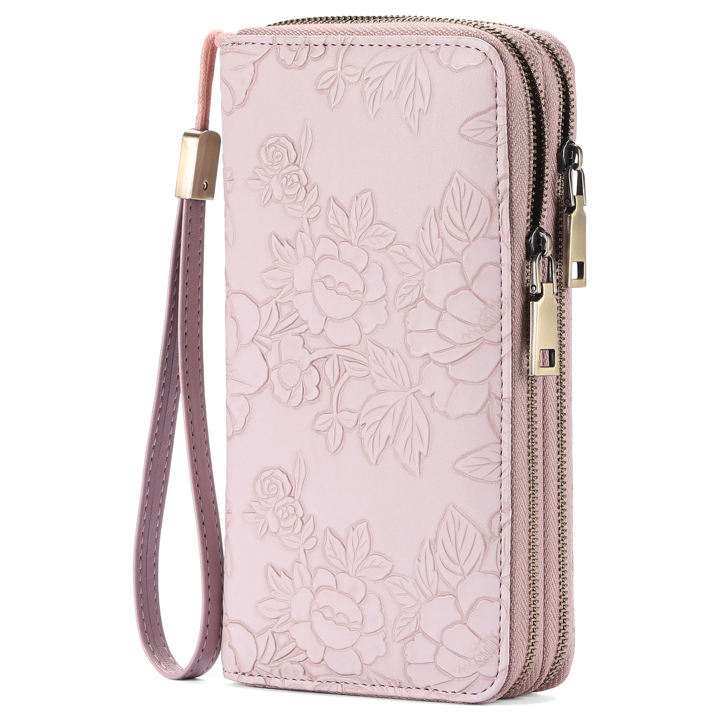 Women's Large Capacity Double Zip Wallet Clutch | PU Leather Floral Embossed Wristlet | Phone Holder with 24 Card Slots - Purple