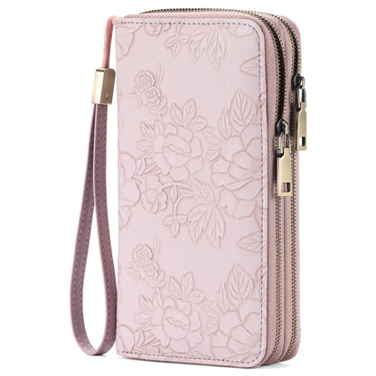 Women's Large Capacity Double Zip Wallet Clutch | PU Leather Floral Embossed Wristlet | Phone Holder with 24 Card Slots - Purple