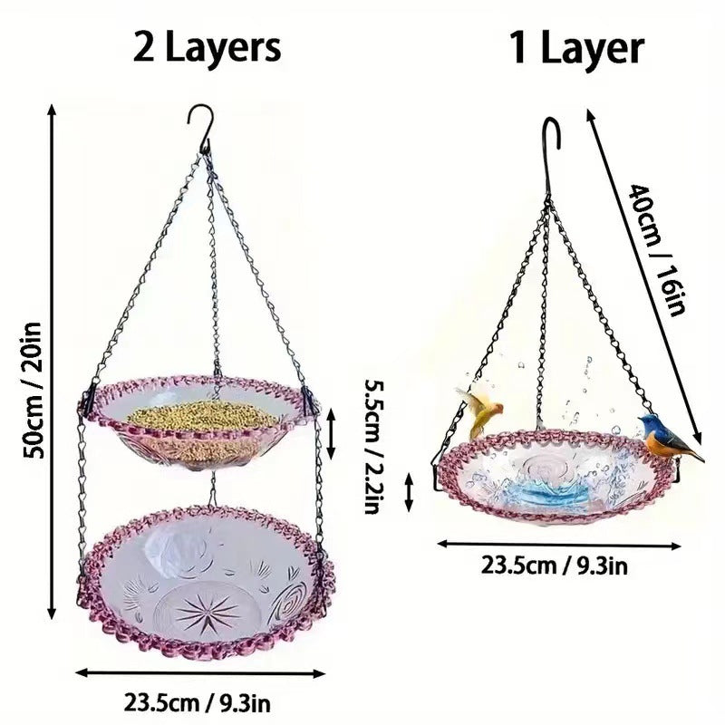 2 Set Pink Elegant Hanging Glass Bird Feeder - Double Tier for Garden Birds - Image 2