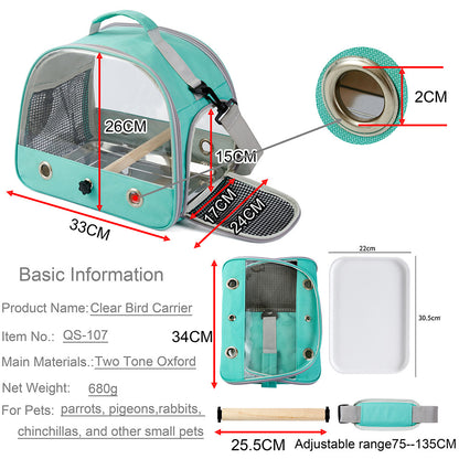 Green Portable Clear View Bird Carrier Travel Cage with Perch & Tray - Breathable Pet Bag for Parrots, Cockatiels & Small Animals - Image 2
