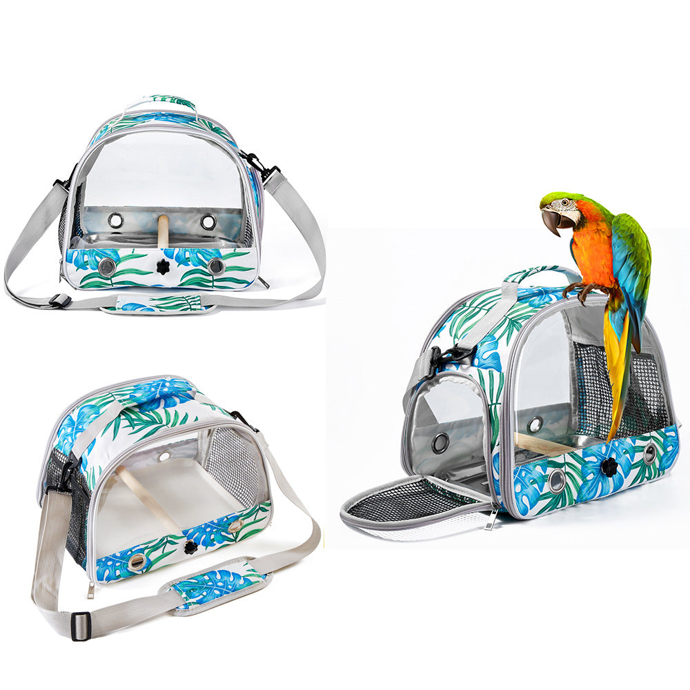 Stylish Leaf Print Clear View Bird Carrier - Portable Travel Cage with Perch & Tray for Parrots, Cockatiels & Small Pets - Image 2