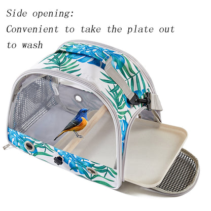 Stylish Leaf Print Clear View Bird Carrier - Portable Travel Cage with Perch & Tray for Parrots, Cockatiels & Small Pets - Image 3