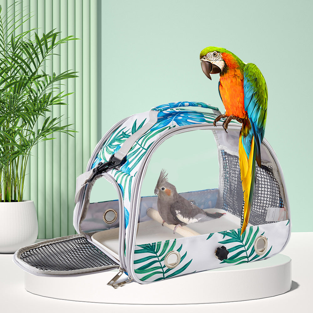 Stylish Leaf Print Clear View Bird Carrier - Portable Travel Cage with Perch & Tray for Parrots, Cockatiels & Small Pets - Image 4