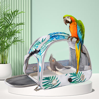 Stylish Leaf Print Clear View Bird Carrier - Portable Travel Cage with Perch & Tray for Parrots, Cockatiels & Small Pets - Image 4