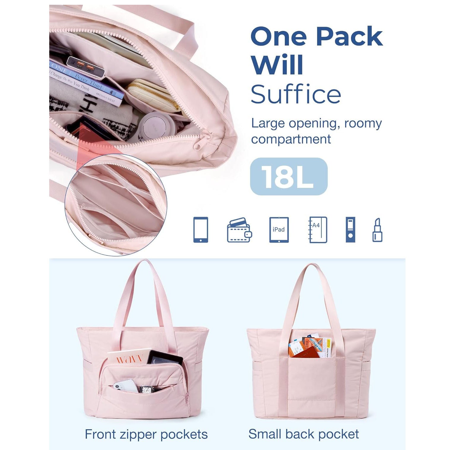 Pink Versatile Women's Gym Tote Bag with Yoga Mat Strap - 18L Carryall, Fits 15.6 Laptop, Multi-Pocket Organizer - Image 2