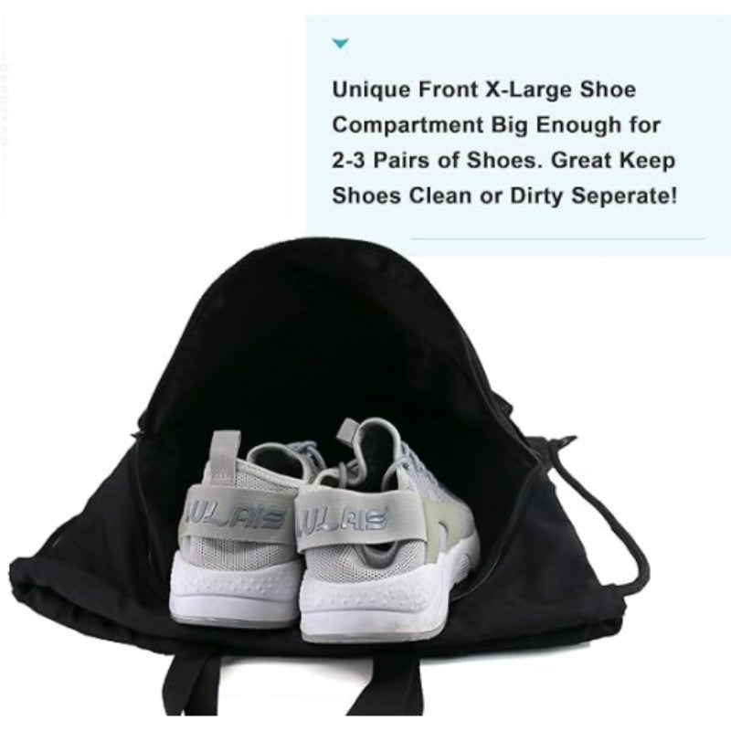 Black Multi-Pocket Drawstring Backpack Gym Bag with Zipper Compartments, Bottle Holders & Reflective Strip - Image 3