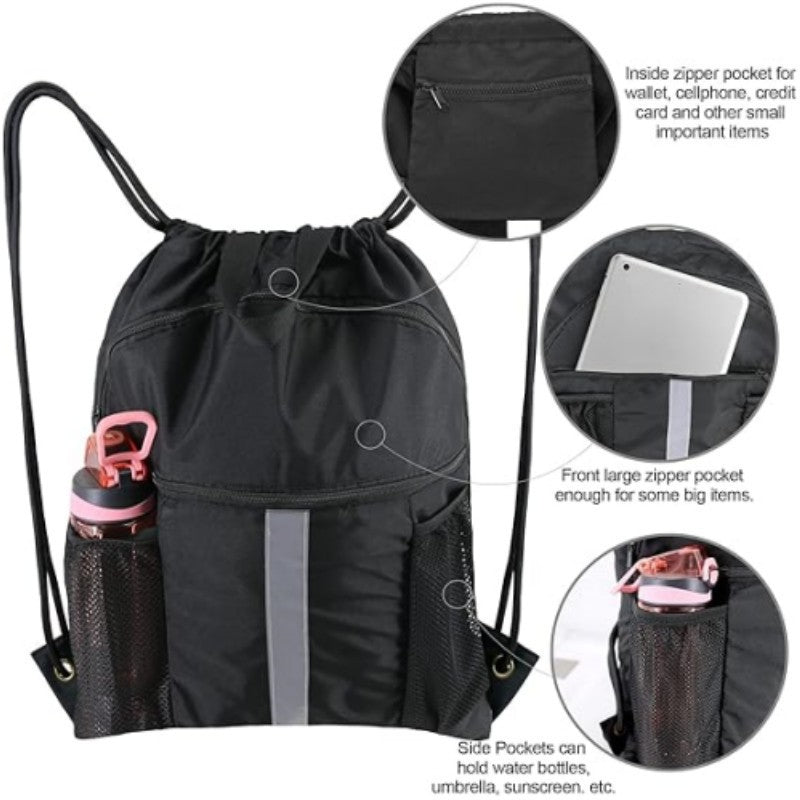 Black Multi-Pocket Drawstring Backpack Gym Bag with Zipper Compartments, Bottle Holders & Reflective Strip - Image 4