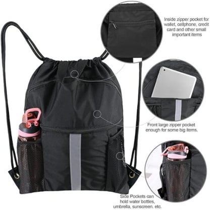 Black Multi-Pocket Drawstring Backpack Gym Bag with Zipper Compartments, Bottle Holders & Reflective Strip - Image 4