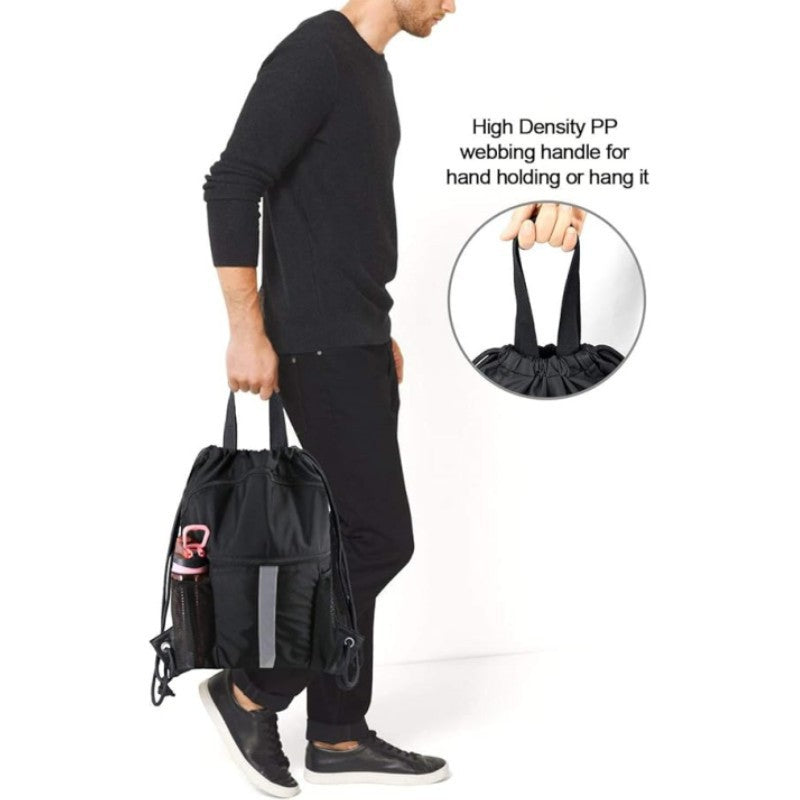 Black Multi-Pocket Drawstring Backpack Gym Bag with Zipper Compartments, Bottle Holders & Reflective Strip - Image 5