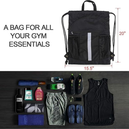 Blue Multi-Pocket Drawstring Backpack Gym Bag with Zipper Compartments, Bottle Holders & Reflective Strip - Image 2