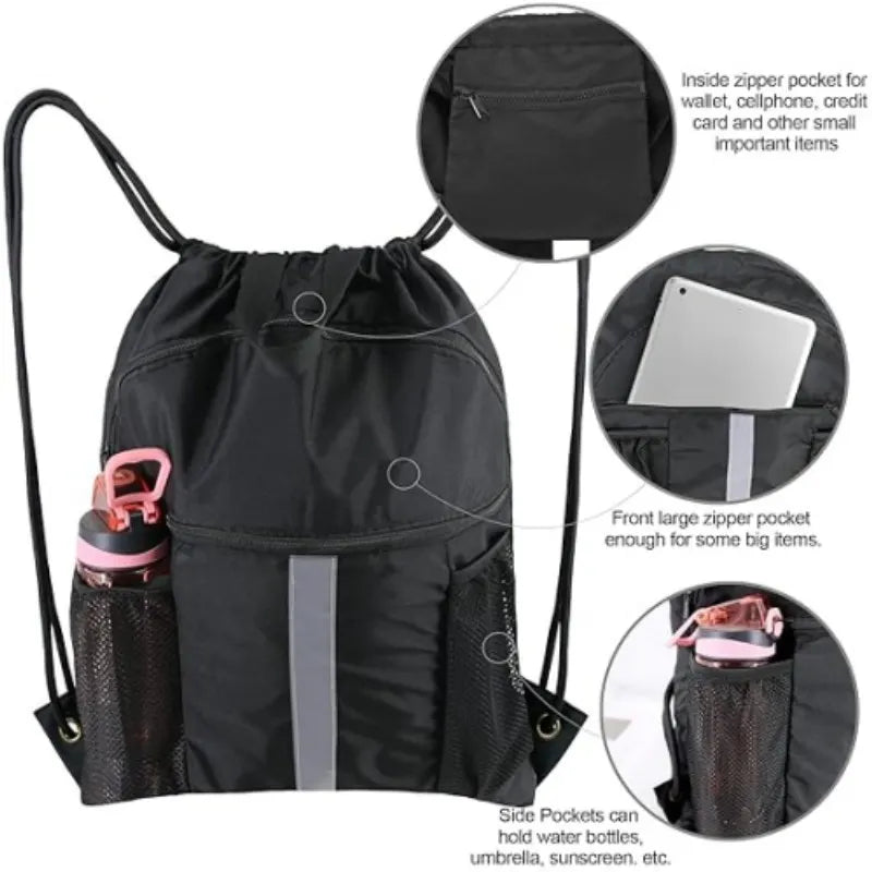 Blue Multi-Pocket Drawstring Backpack Gym Bag with Zipper Compartments, Bottle Holders & Reflective Strip - Image 4