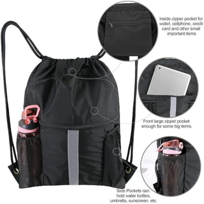 Blue Multi-Pocket Drawstring Backpack Gym Bag with Zipper Compartments, Bottle Holders & Reflective Strip - Image 4
