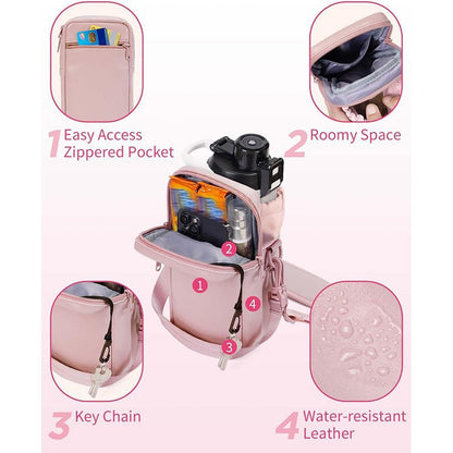Pink Stylish Water Bottle Carrier Bag with Phone Pocket, Key Clip & Adjustable Strap - Crossbody Sling Holder - Image 3
