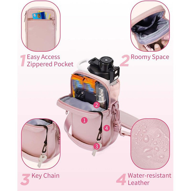 Green Stylish Water Bottle Carrier Bag with Phone Pocket, Key Clip & Adjustable Strap - Crossbody Sling Holder - Image 3