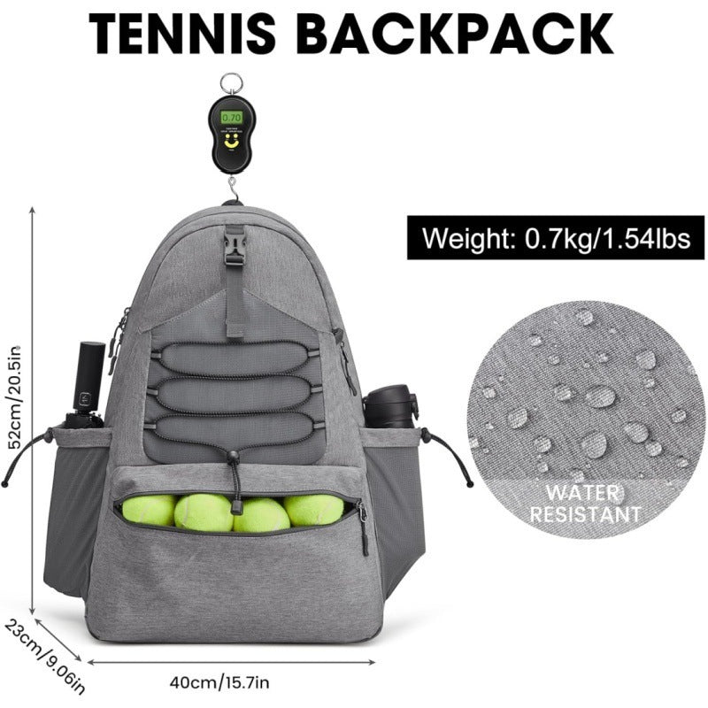Grey Lightweight Water Resistant Tennis Backpack - Multi-Pocket Sports Bag for Rackets, Balls & Gear - Image 2