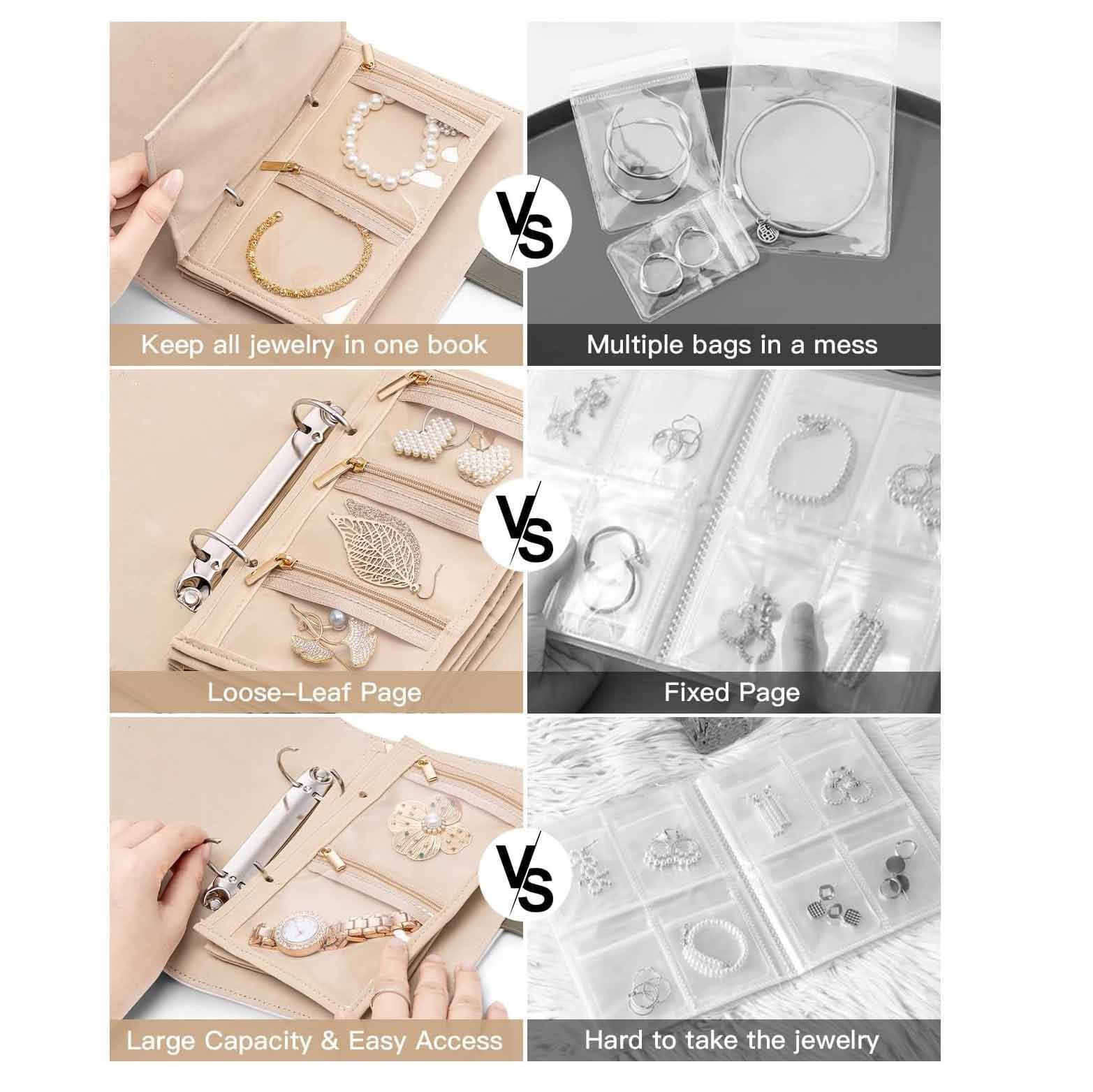 Black Elegant Quilted Travel Jewelry Organizer Binder - Portable Loose-Leaf Storage Book with Clear Zipper Pockets for Earrings, Necklaces, Rings - Image 4