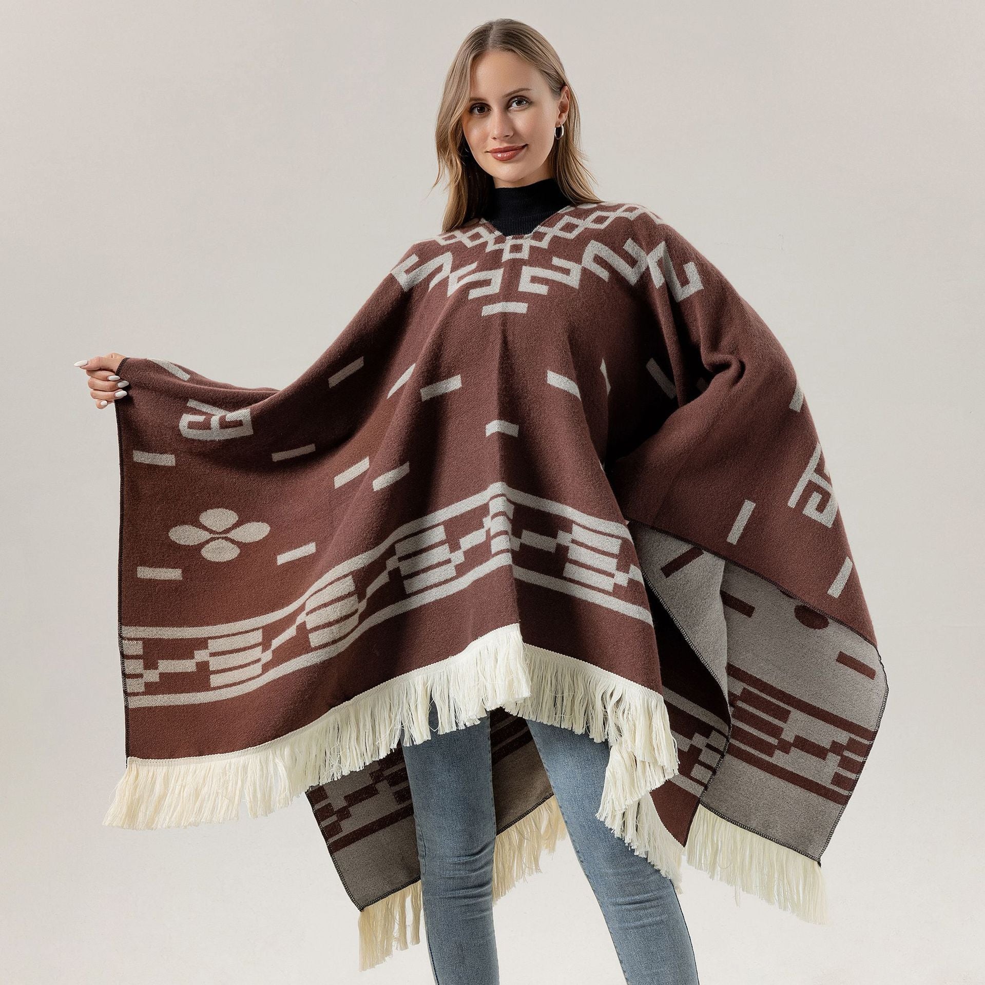 Green Women's Versatile Faux Cashmere Poncho Cape Shawl with Geometric Pattern & Fringe Trim - One Size - Image 2