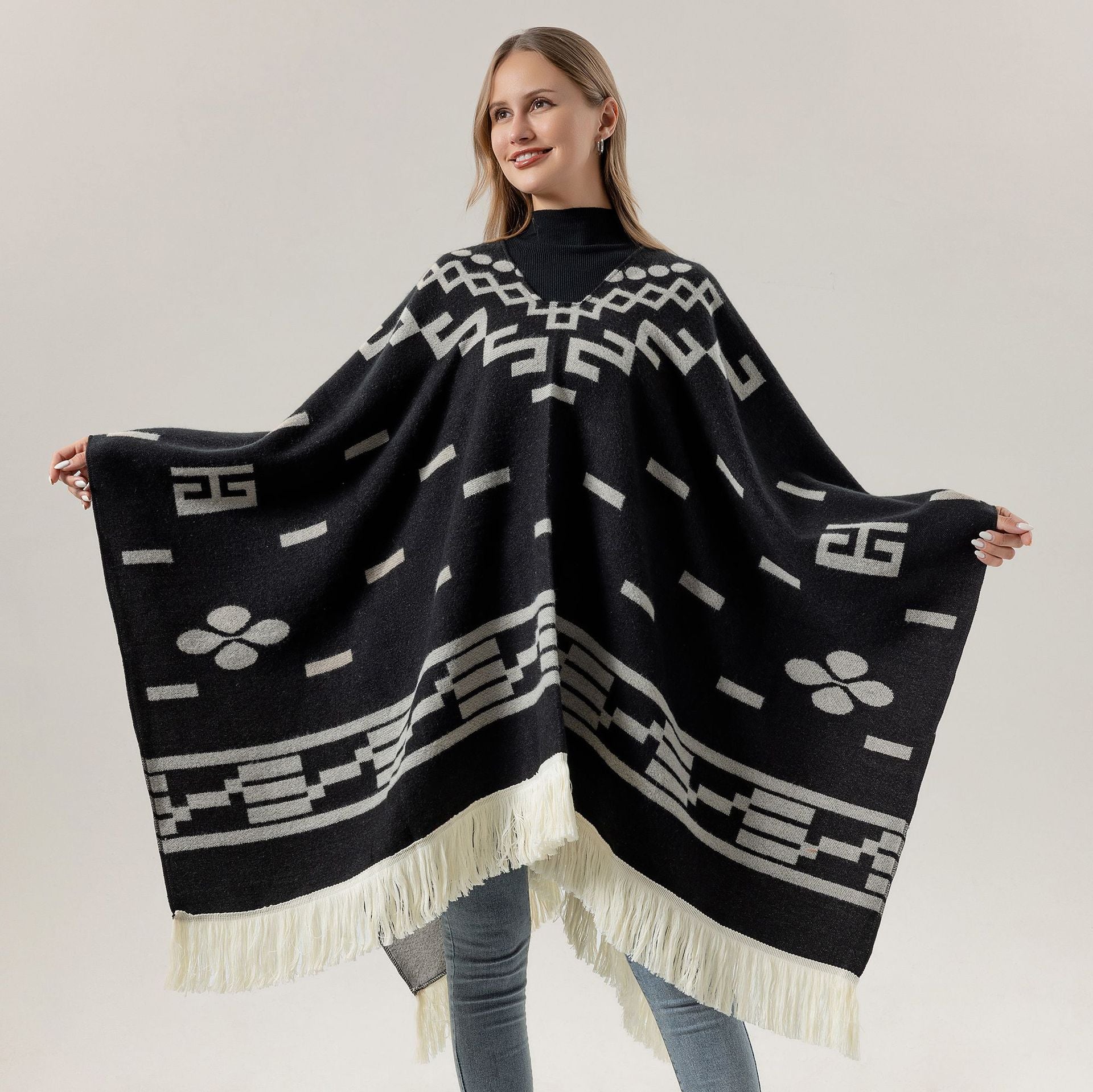 Green Women's Versatile Faux Cashmere Poncho Cape Shawl with Geometric Pattern & Fringe Trim - One Size - Image 5