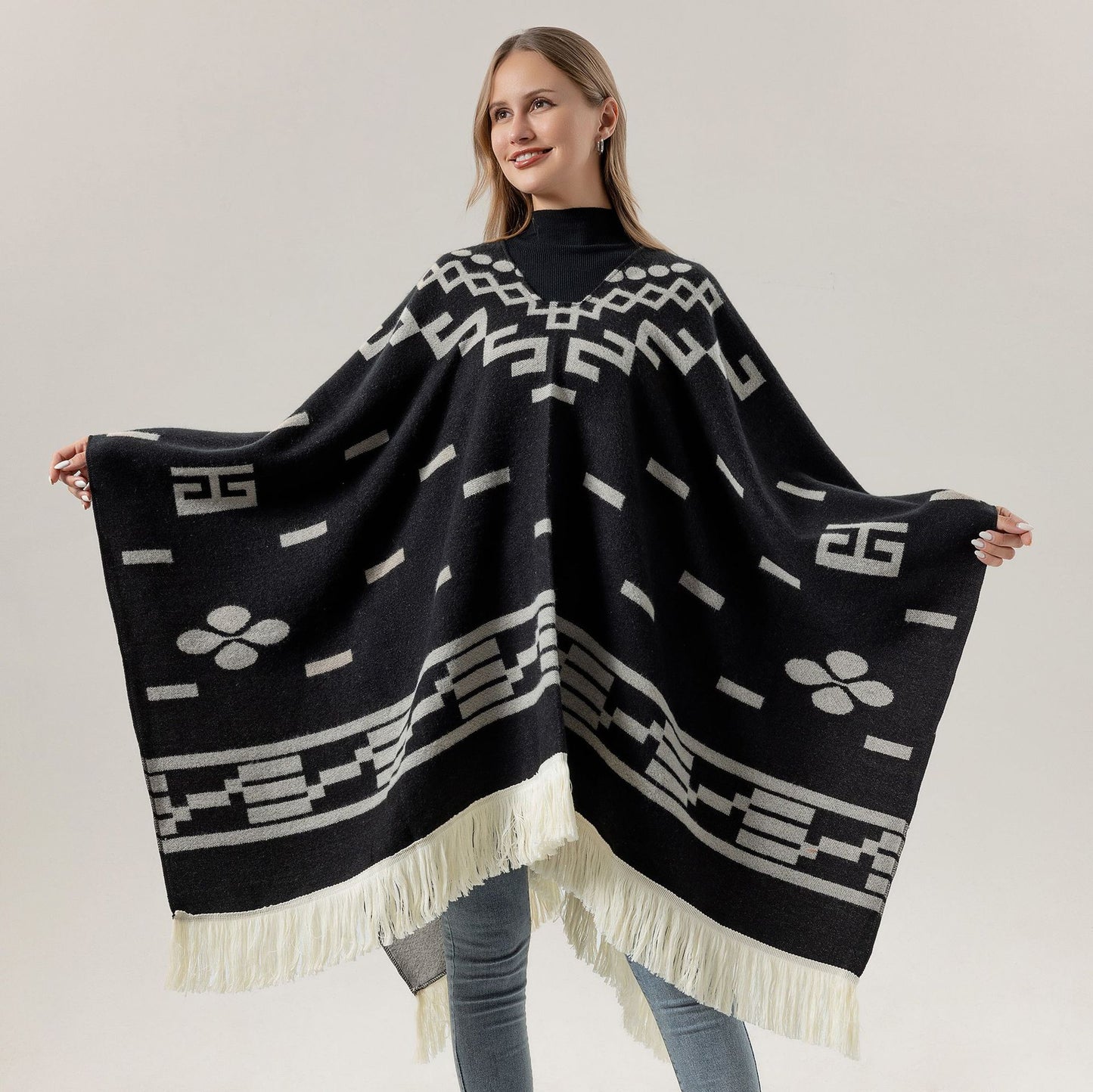 Wine red Women's Versatile Faux Cashmere Poncho Cape Shawl with Geometric Pattern & Fringe Trim - One Size - Image 5