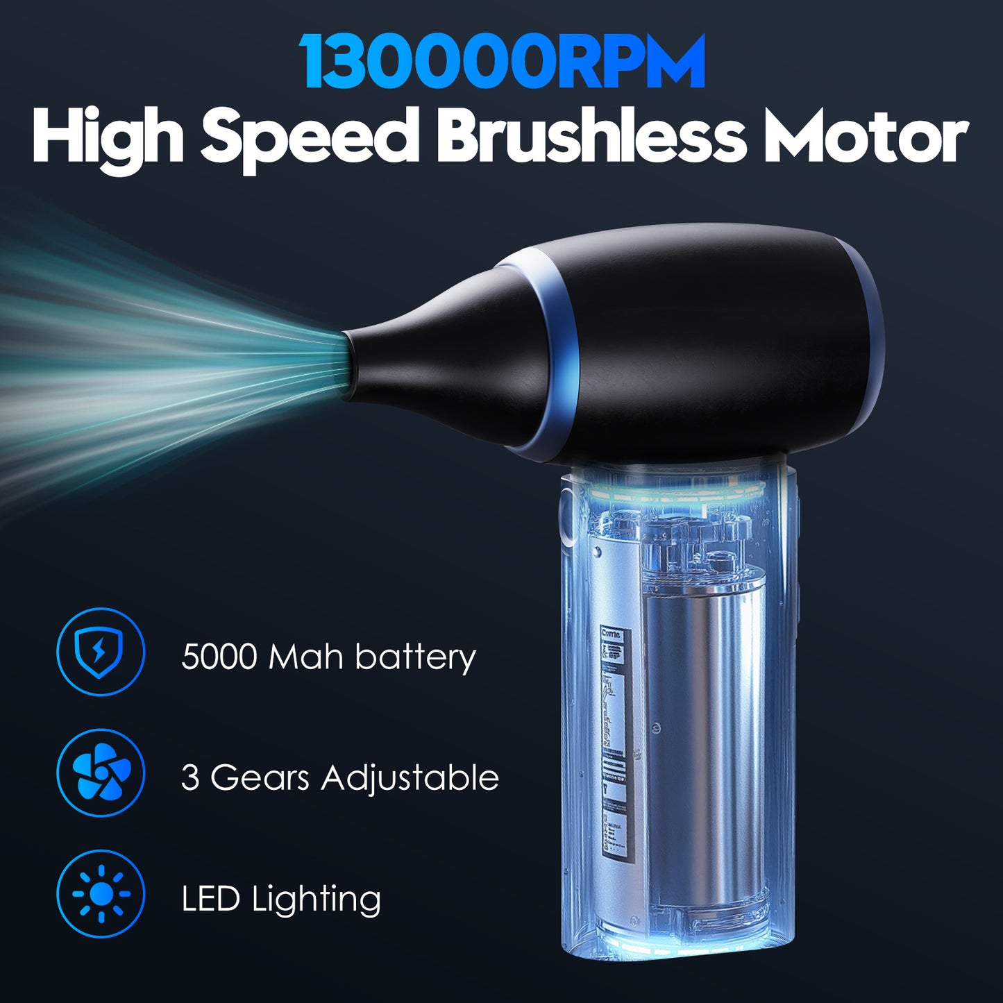 White Portable Turbo Handheld Blower Fan - 130000RPM High-Speed Mini Fan with 5000mAh Battery - Image 2