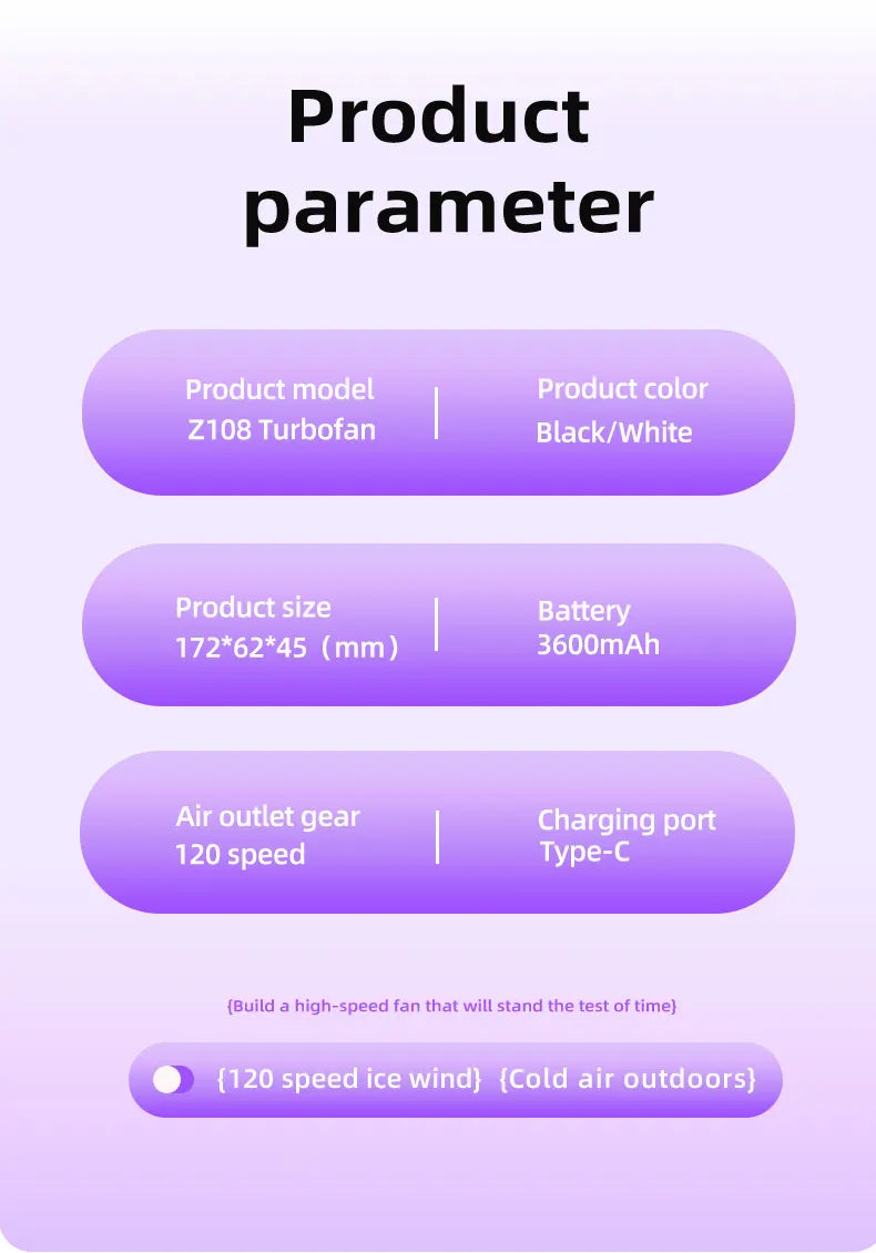 Purple Portable Handheld Fan with 120-Speed Display - USB Rechargeable Mini Cooling Fan for Outdoor Use - Image 6