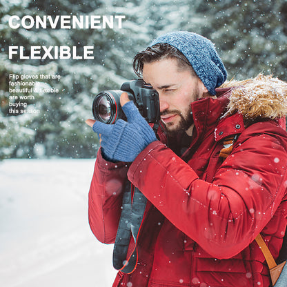 Navy Blue Winter Convertible Mittens - Warm Knitted 2-in-1 Fingerless Gloves with Flip Top Cover for Cold Weather - Image 2