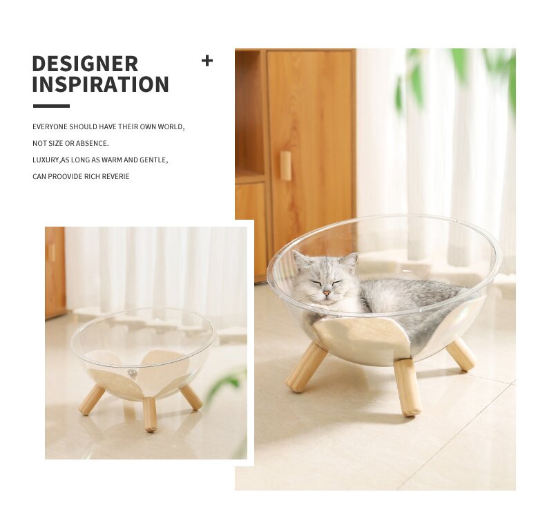 Luxury Transparent Cat Bed with Wooden Legs - Stylish Pet Nest - Image 3