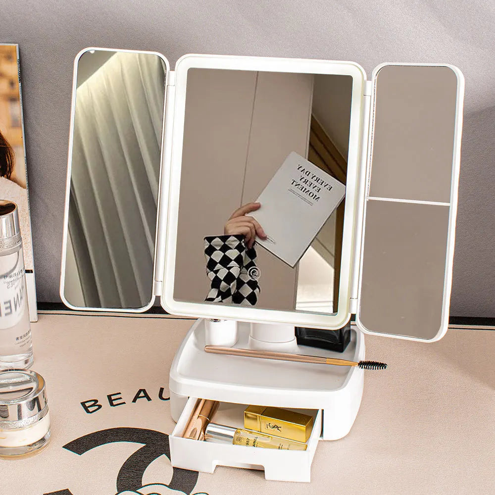 Elegant Tri-Fold Shell LED Vanity Mirror - Smart Makeup Gift with Storage & Illumination
