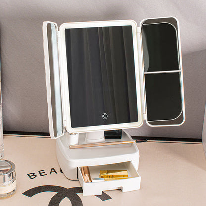 Elegant Tri-Fold Shell LED Vanity Mirror - Smart Makeup Gift with Storage & Illumination - Image 2