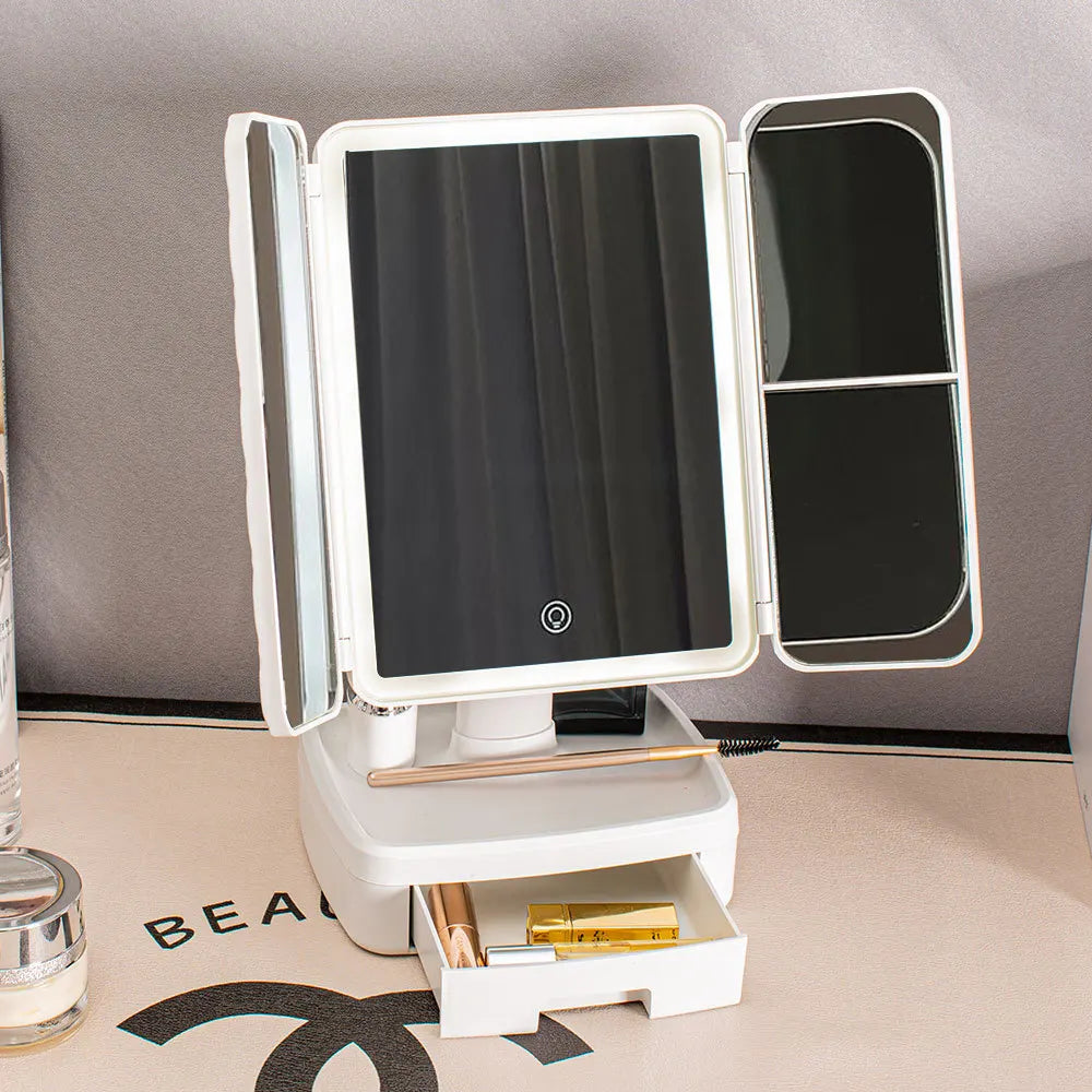 Elegant Tri-Fold Shell LED Vanity Mirror - Smart Makeup Gift with Storage & Illumination - Image 2