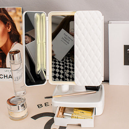 Elegant Tri-Fold Shell LED Vanity Mirror - Smart Makeup Gift with Storage & Illumination - Image 3