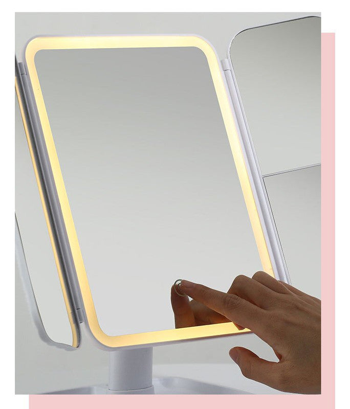 Elegant Tri-Fold Shell LED Vanity Mirror - Smart Makeup Gift with Storage & Illumination - Image 7