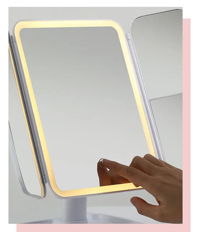 Elegant Tri-Fold Shell LED Vanity Mirror - Smart Makeup Gift with Storage & Illumination - Image 7