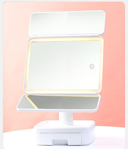 Elegant Tri-Fold Shell LED Vanity Mirror - Smart Makeup Gift with Storage & Illumination - Image 8