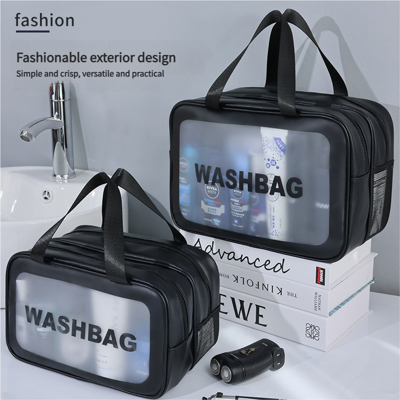 2PCS Dual-Layer Transparent PU Cosmetic Pouch - Wet and Dry Separation, Large size(31*15*20cm)- Black - Image 3