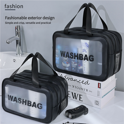 2PCS Dual-Layer Transparent PU Cosmetic Pouch - Wet and Dry Separation, Large size(31*15*20cm)- Black - Image 3